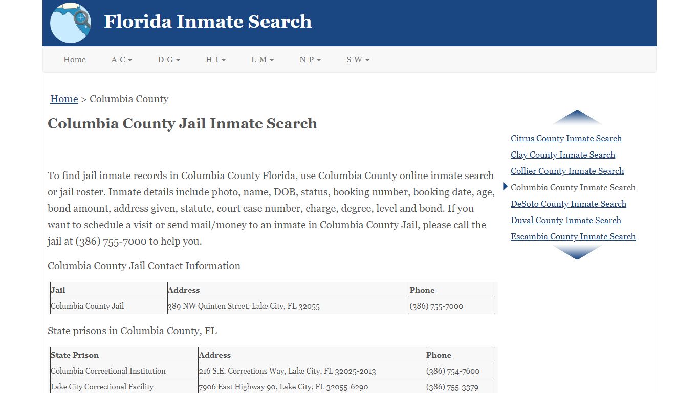 Columbia County Jail Inmate Search